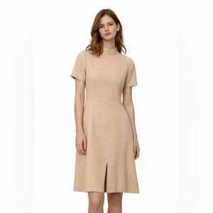 Vintage Beige Mock Neck Short Sleeve A-Line Midi Dress Women’s M
